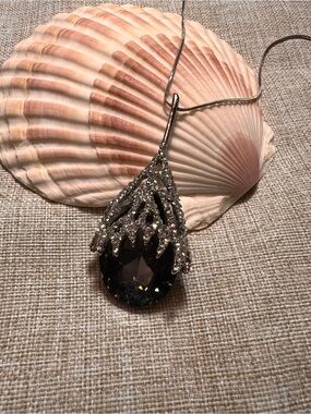 GOTHIC Large Silver Vine-Style Dangly Necklace with Grey Teardrop Crystal